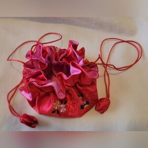 Elegant Korean Red and Pink Floral Drawstring Jewelry Pouch
